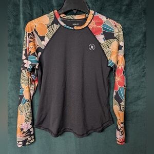 Hurley Black Rash Guard with Colorful Floral Sleeves